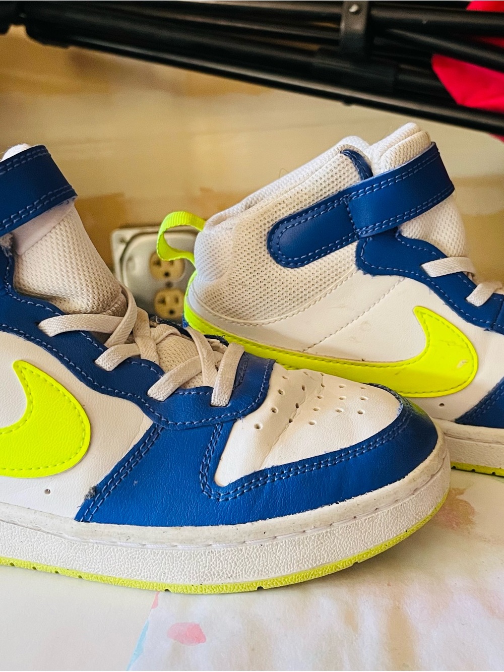 Nike Kids White, Blue & Neon Yellow High-Top Sneakers